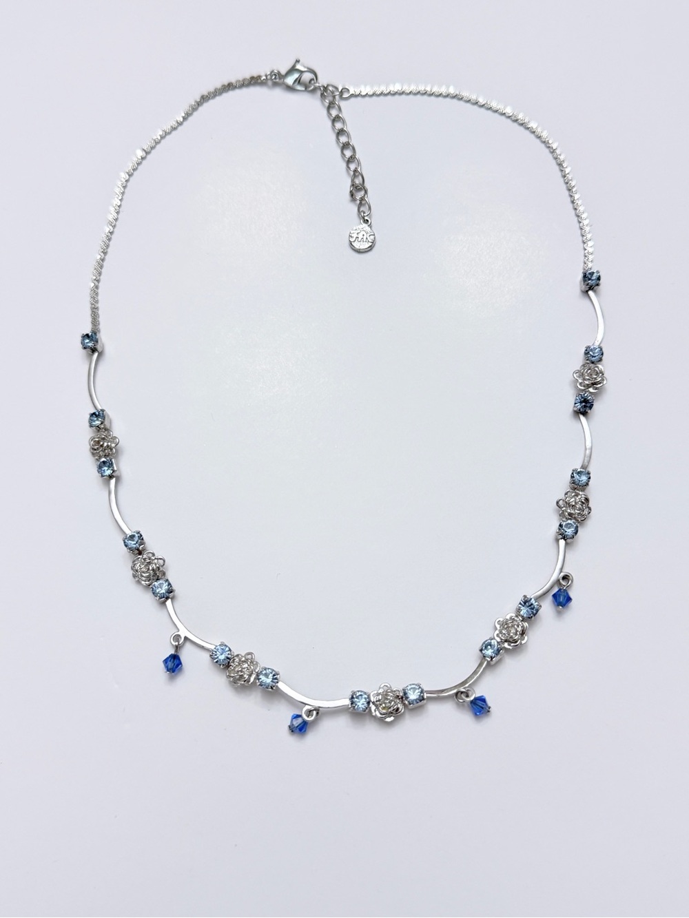 FAC Swarovski Crystal Blue Floral Necklace Silver Flowers Vintage